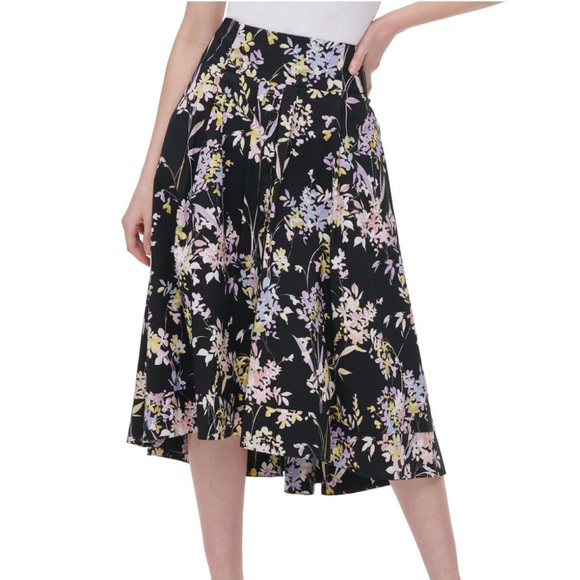 CALVIN KLEIN WOMEN’S BLACK FLORAL BELOW THE KNEE A-LINE SKIRT 12 - Picture 1 of 5